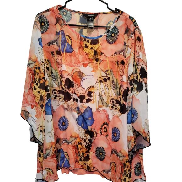 Ali Miles Women’s Floral Print Chiffon Round Neck 3/4 Sleeve Asymmetrical Hem 1X - Picture 1 of 9